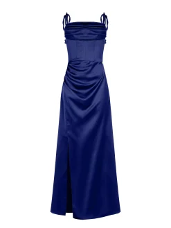 ABITO ATELIER LUNGO BLU INDACO CON CORPETTO DRAPPEGGIATO