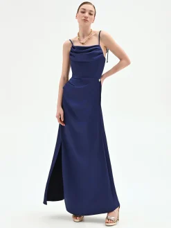 ABITO ATELIER LUNGO BLU INDACO CON CORPETTO DRAPPEGGIATO