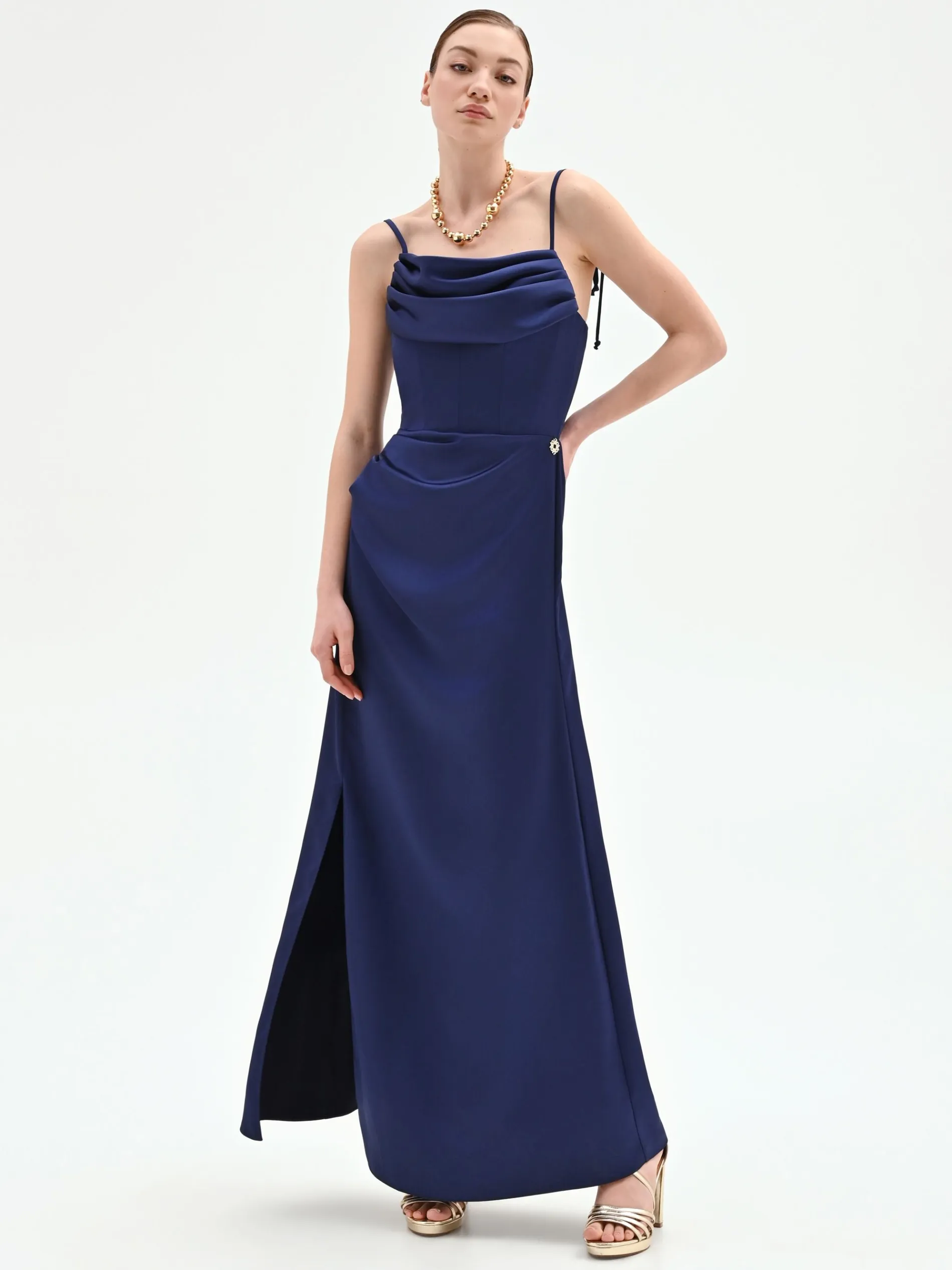 ABITO ATELIER LUNGO BLU INDACO CON CORPETTO DRAPPEGGIATO