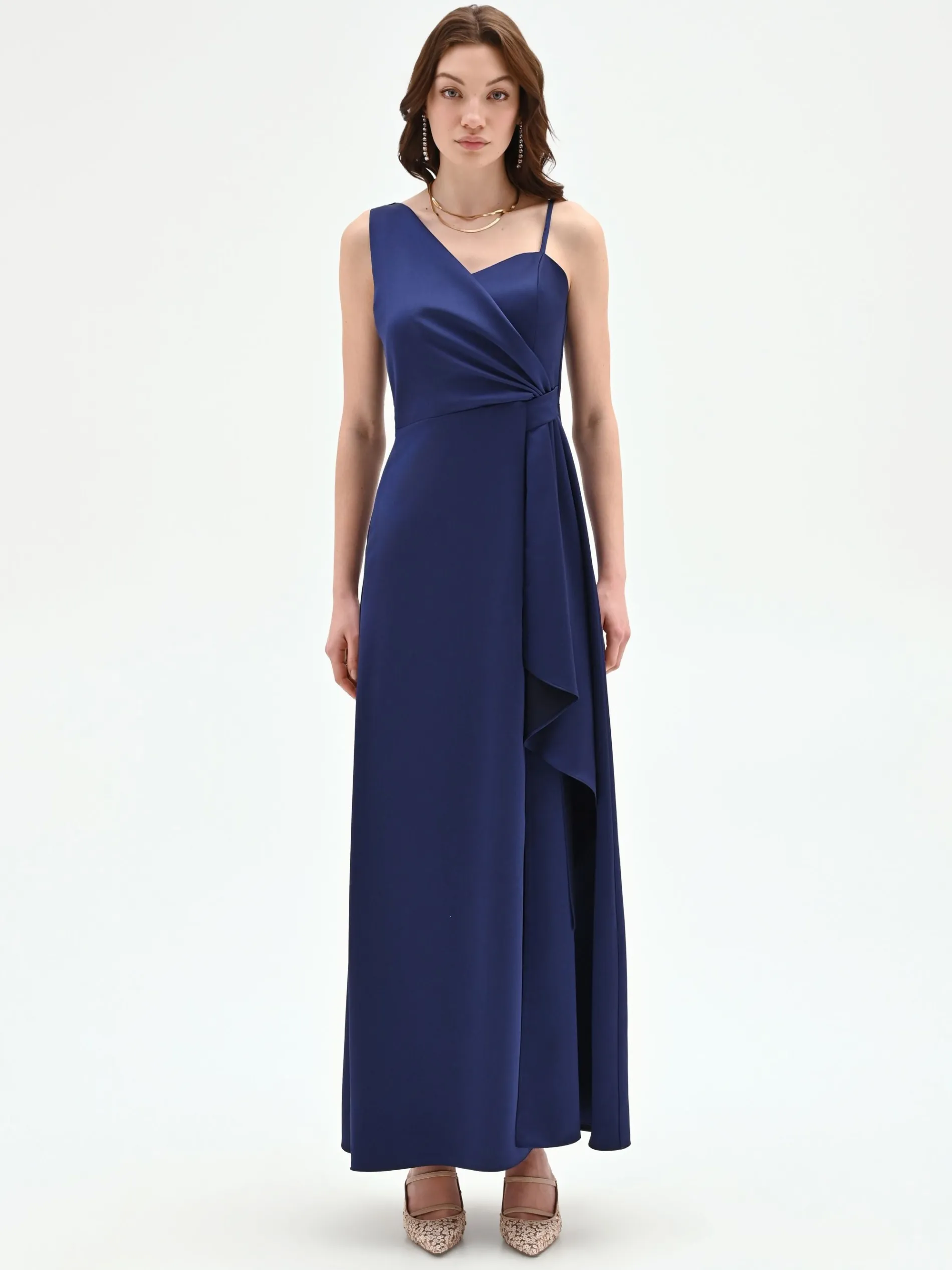 ABITO ATELIER LUNGO BLU INDACO CON NODO DRAPPEGGIATO