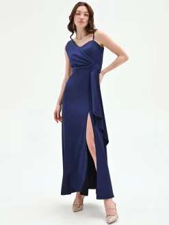ABITO ATELIER LUNGO BLU INDACO CON NODO DRAPPEGGIATO