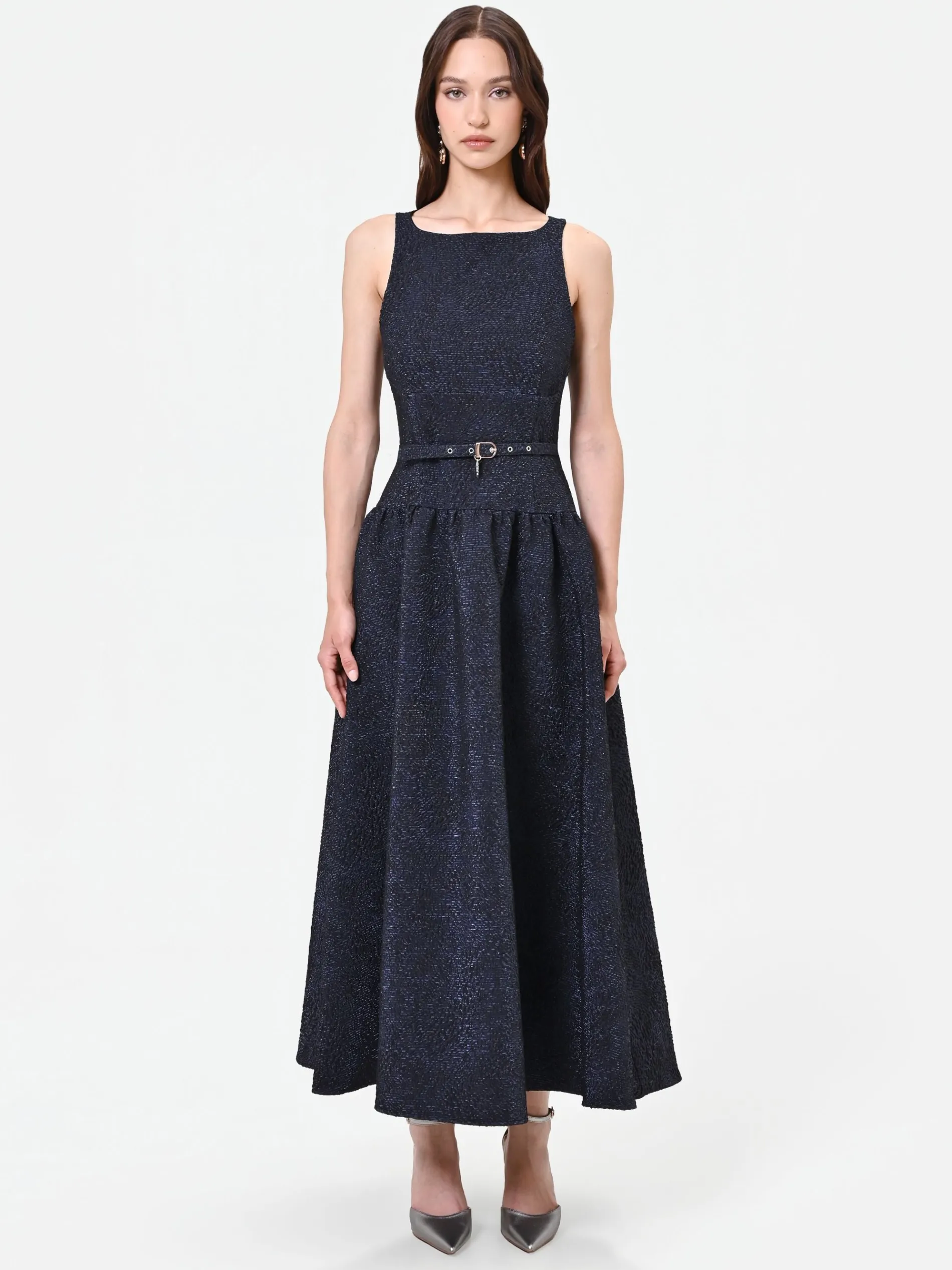 ABITO BLU NAVY JACQUARD CON GONNA AMPIA