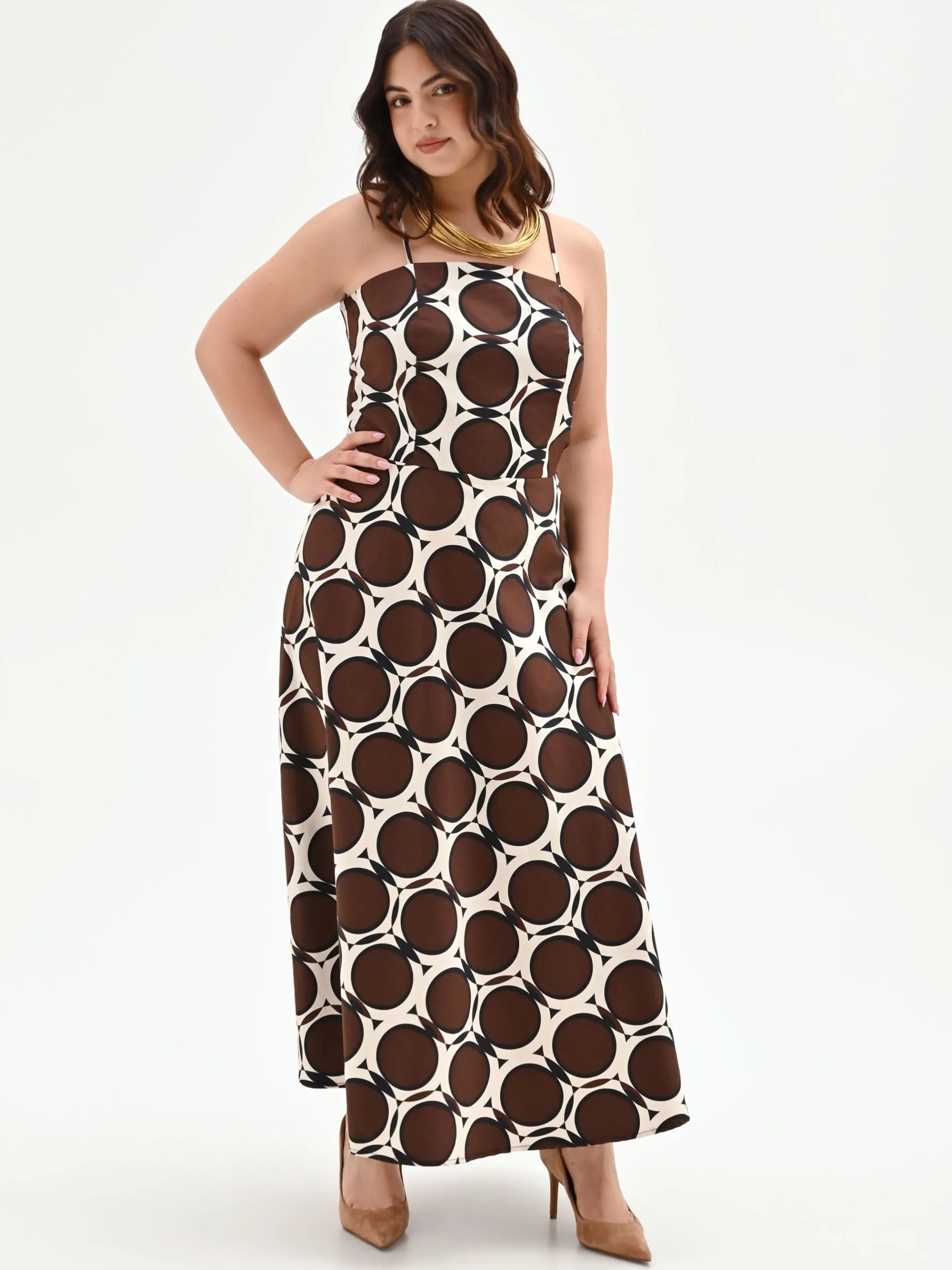 ABITO CURVY LUNGO CIOCCOLATO CON FANTASIA GEOMETRICA