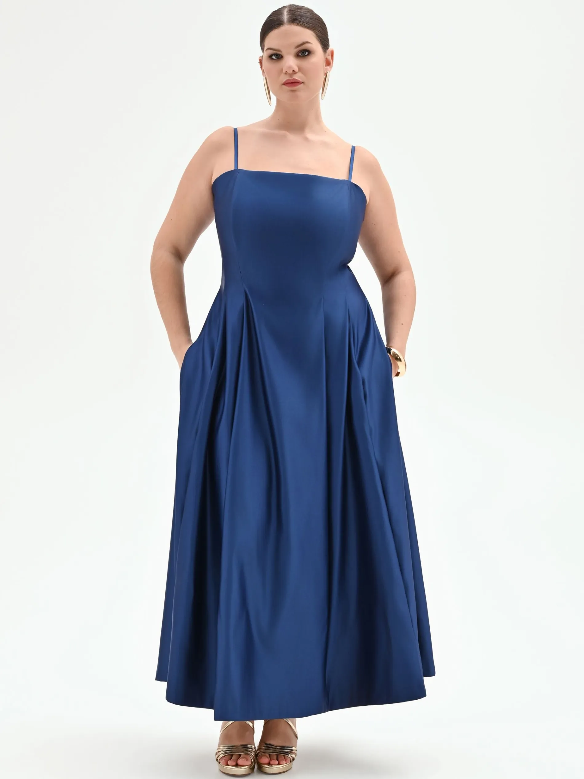 ABITO CURVY LUNGO IN RASO BLU BRILLANTE