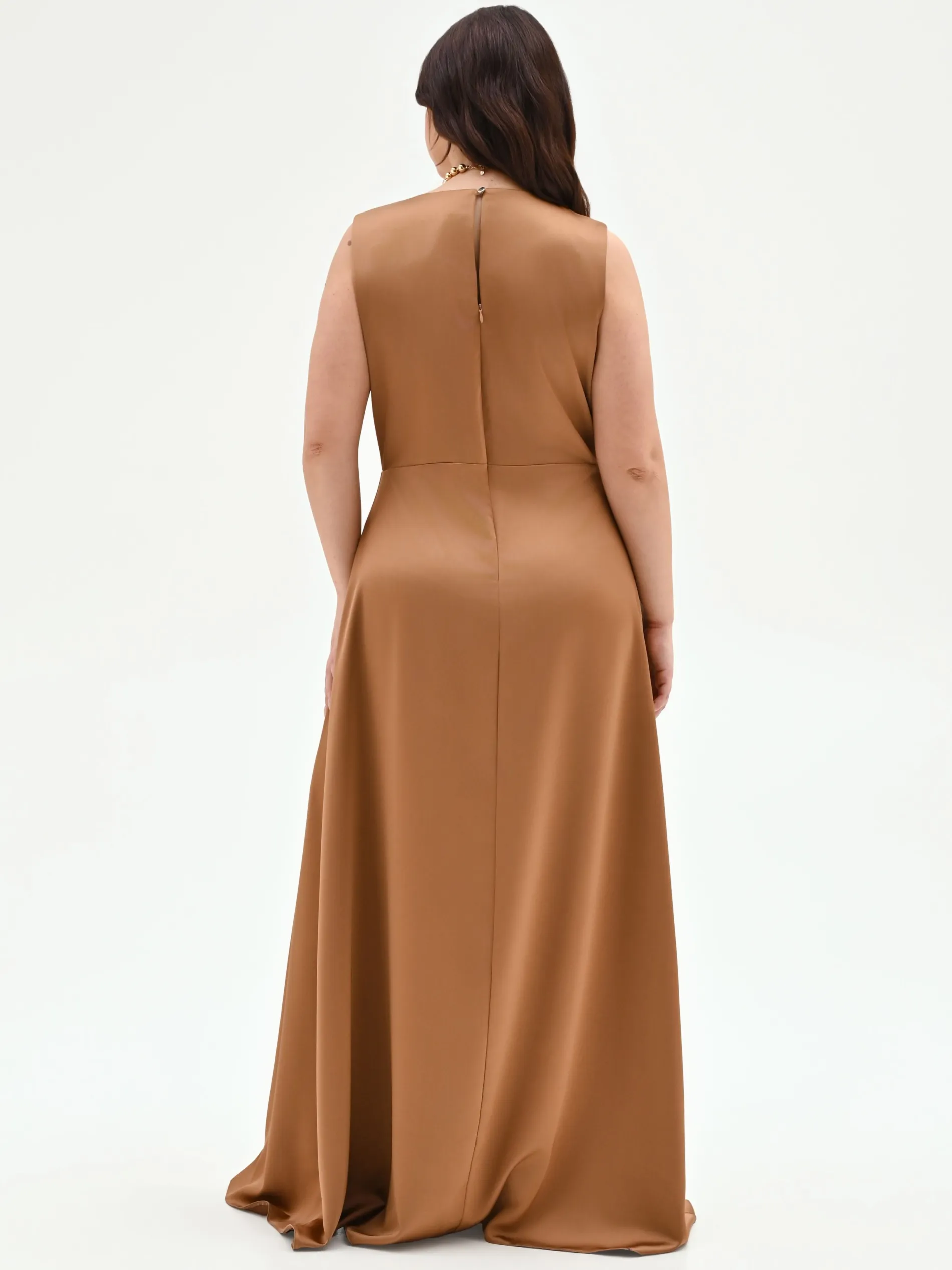 ABITO CURVY LUNGO MARRONE BRONZO CON SCOLLO DRAPPEGGIATO