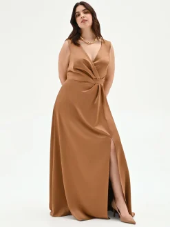 ABITO CURVY LUNGO MARRONE BRONZO CON SCOLLO DRAPPEGGIATO