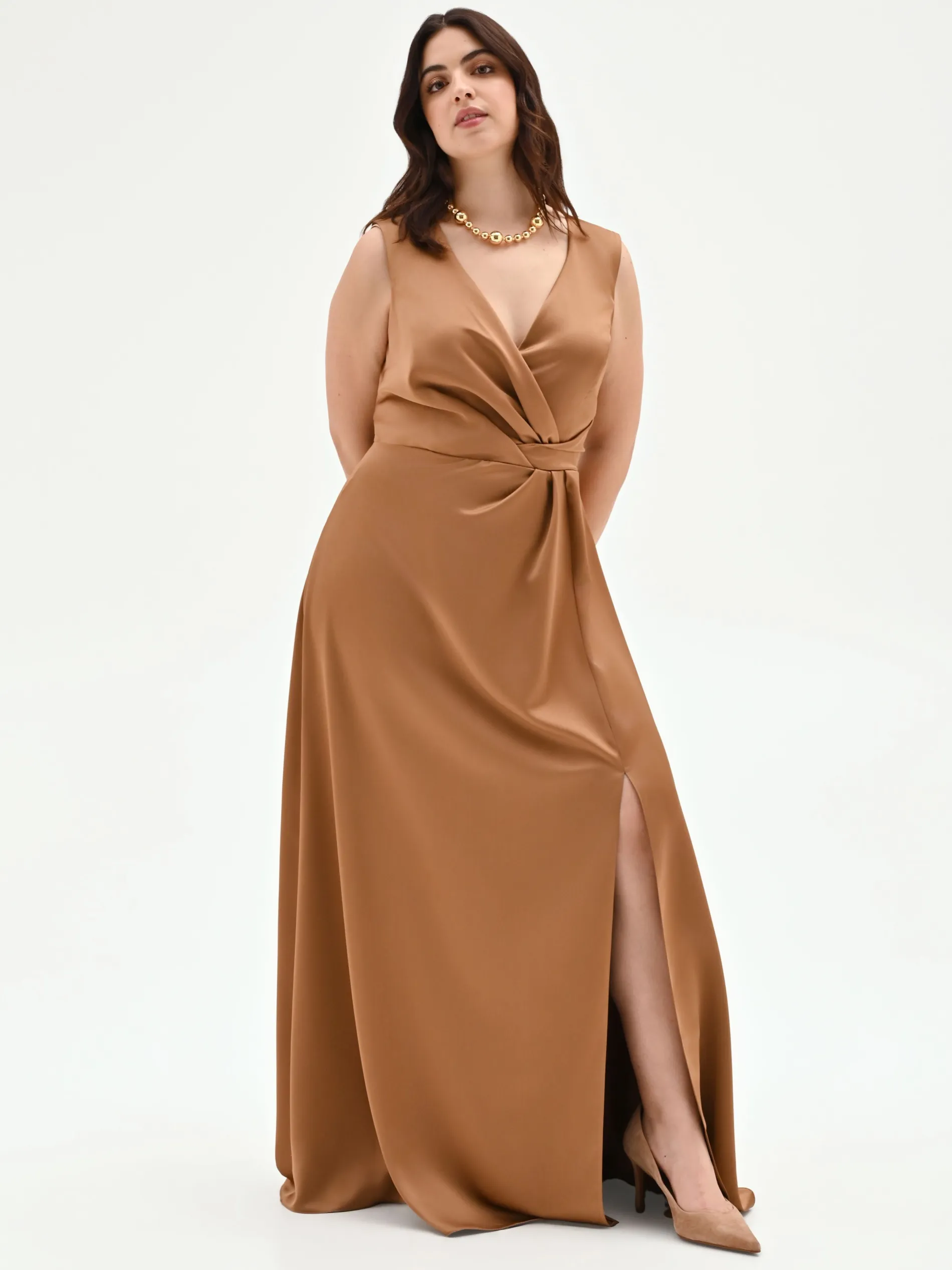 ABITO CURVY LUNGO MARRONE BRONZO CON SCOLLO DRAPPEGGIATO