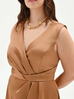 ABITO CURVY LUNGO MARRONE BRONZO CON SCOLLO DRAPPEGGIATO