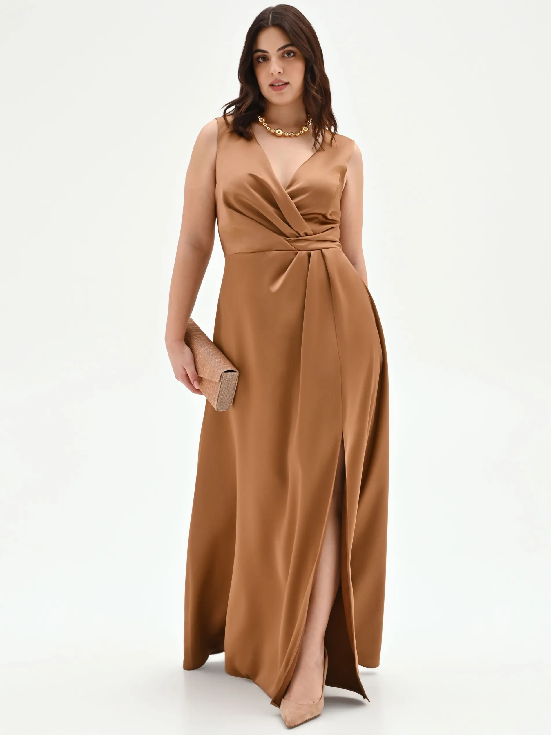 ABITO CURVY LUNGO MARRONE BRONZO CON SCOLLO DRAPPEGGIATO