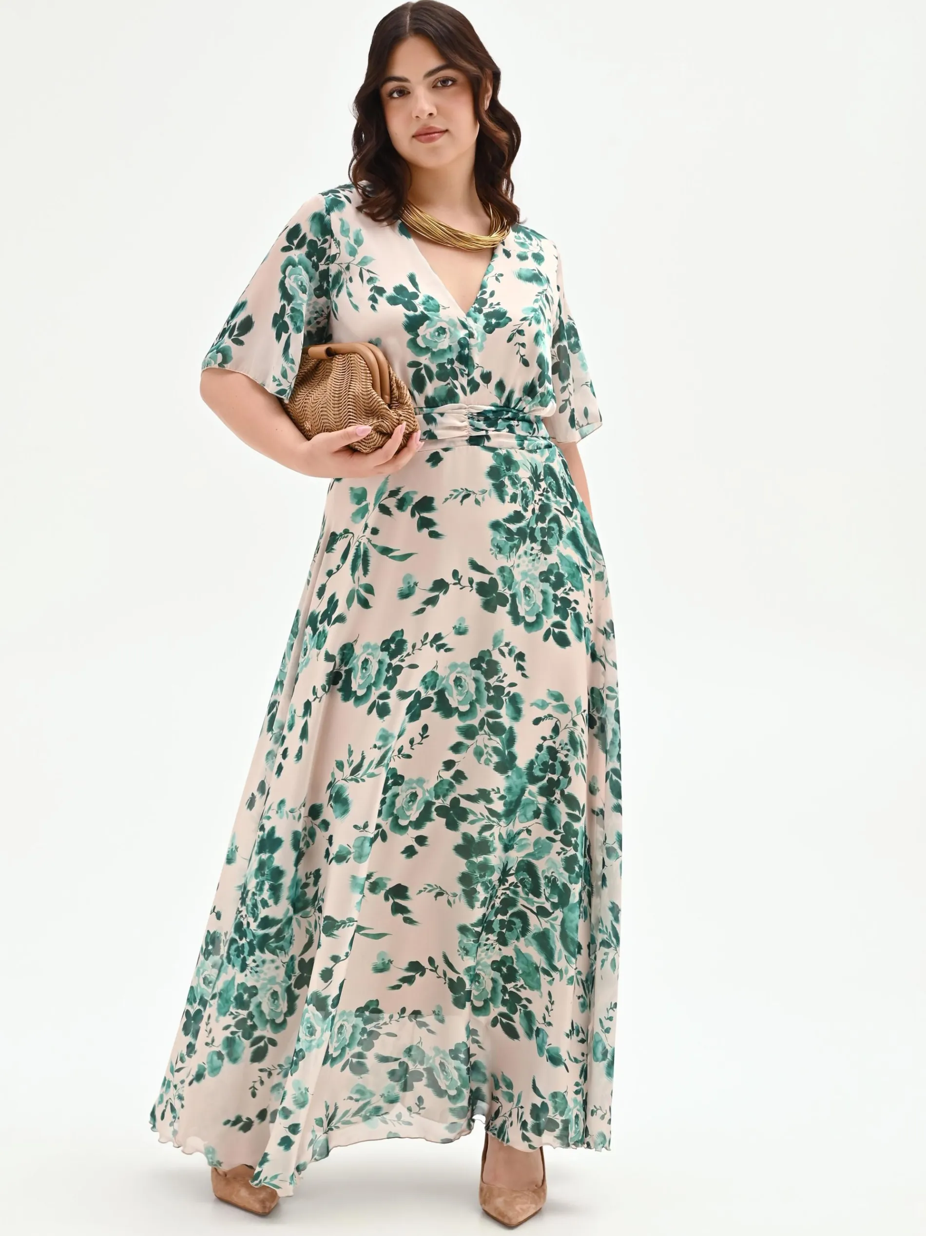 ABITO CURVY LUNGO VERDE CON STAMPA FLOREALE