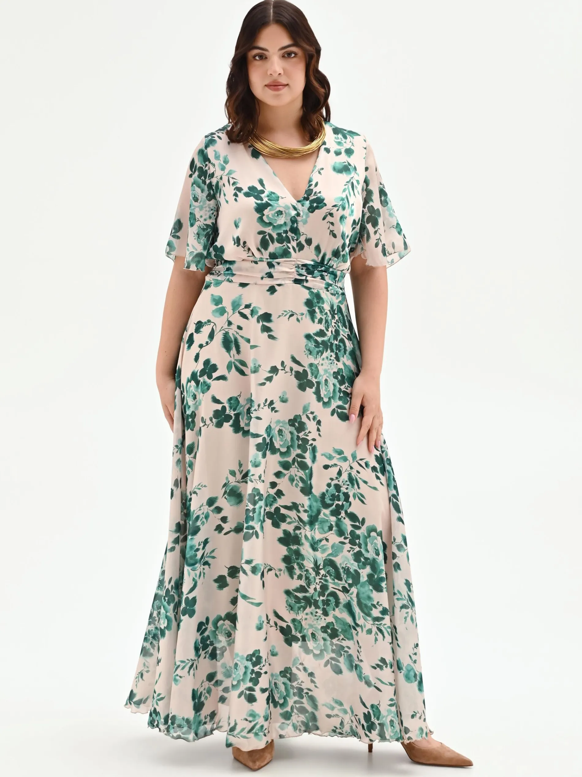 ABITO CURVY LUNGO VERDE CON STAMPA FLOREALE
