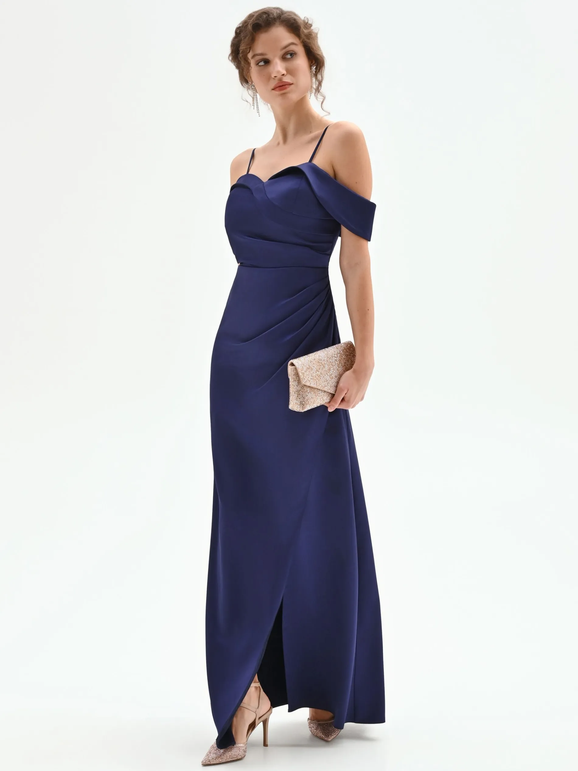ABITO LUNGO ATELIER BLU INDACO CON DRAPPEGGIO LATERALE