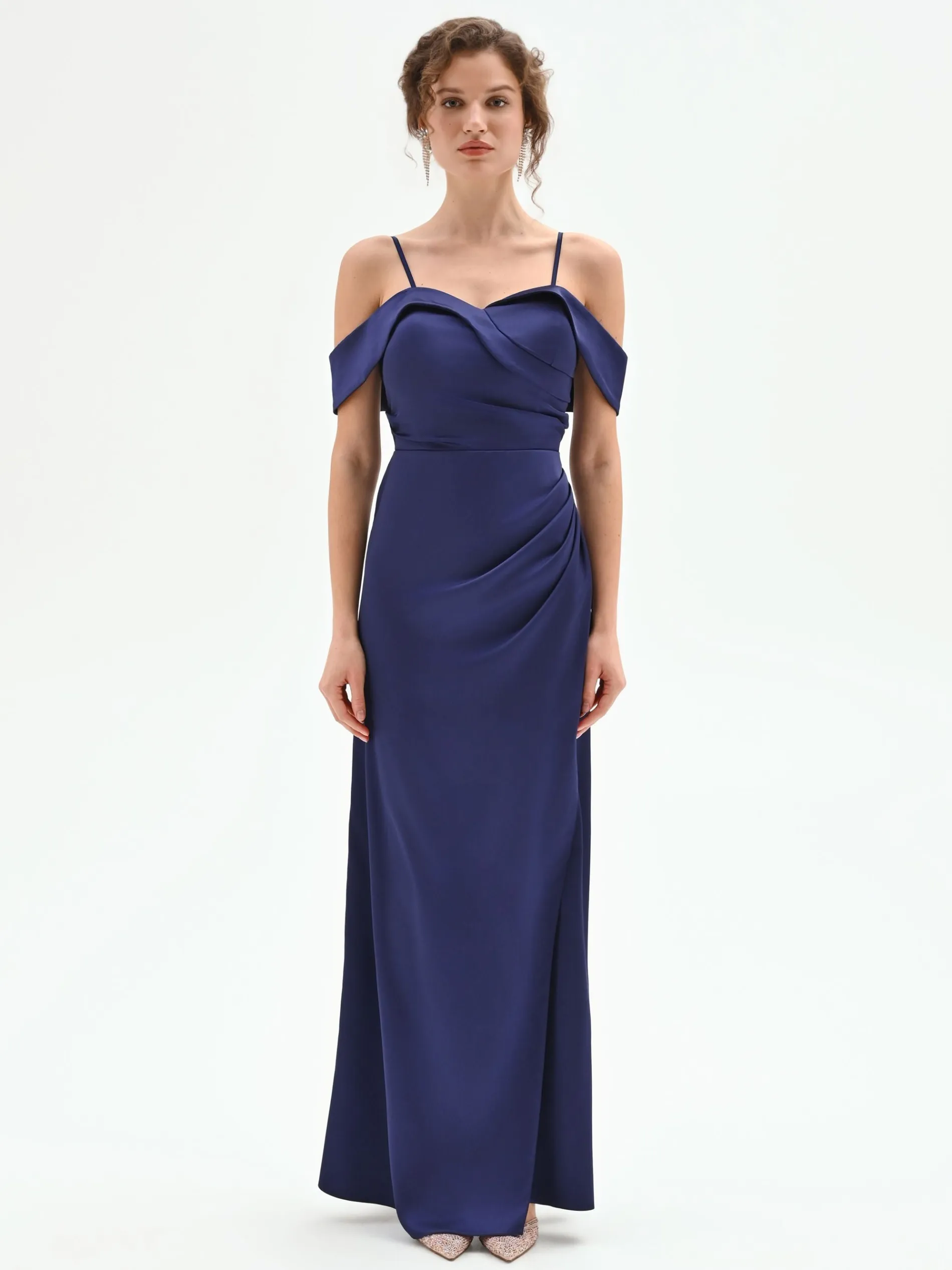 ABITO LUNGO ATELIER BLU INDACO CON DRAPPEGGIO LATERALE