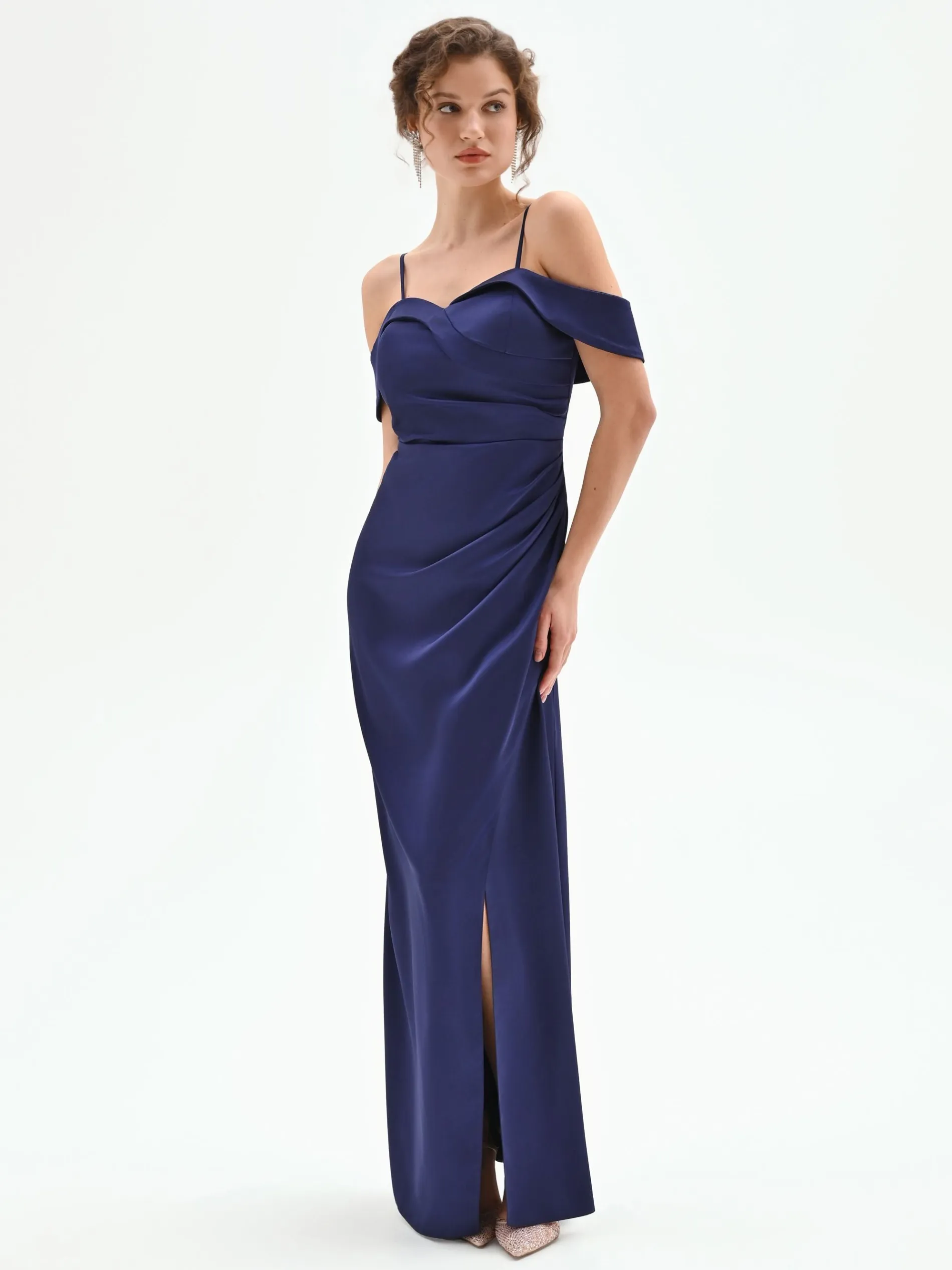 ABITO LUNGO ATELIER BLU INDACO CON DRAPPEGGIO LATERALE