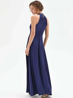 ABITO LUNGO ATELIER BLU INDACO CON COLLO ALTO DRAPPEGGIATO