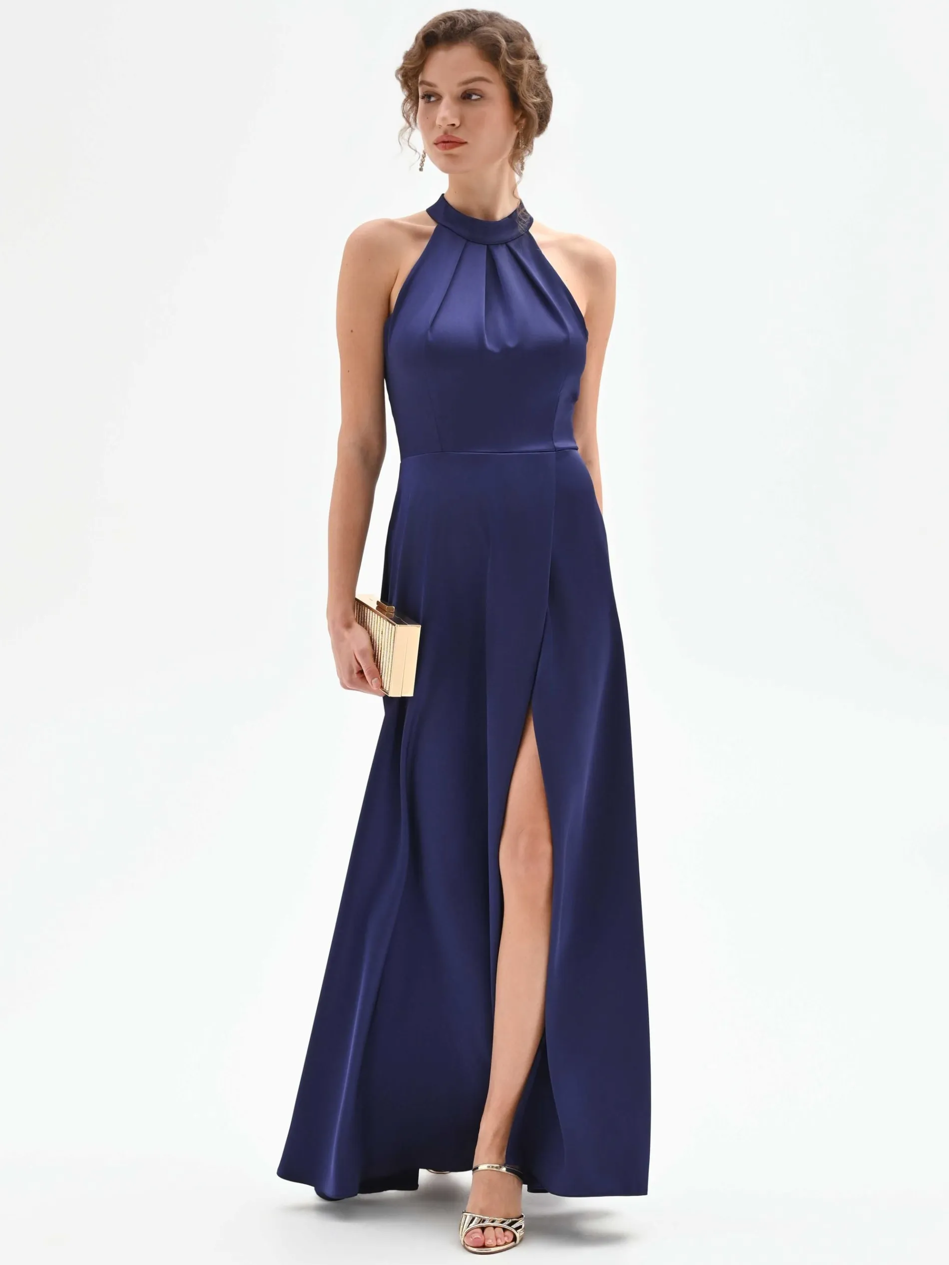 ABITO LUNGO ATELIER BLU INDACO CON COLLO ALTO DRAPPEGGIATO
