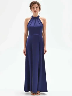 ABITO LUNGO ATELIER BLU INDACO CON COLLO ALTO DRAPPEGGIATO