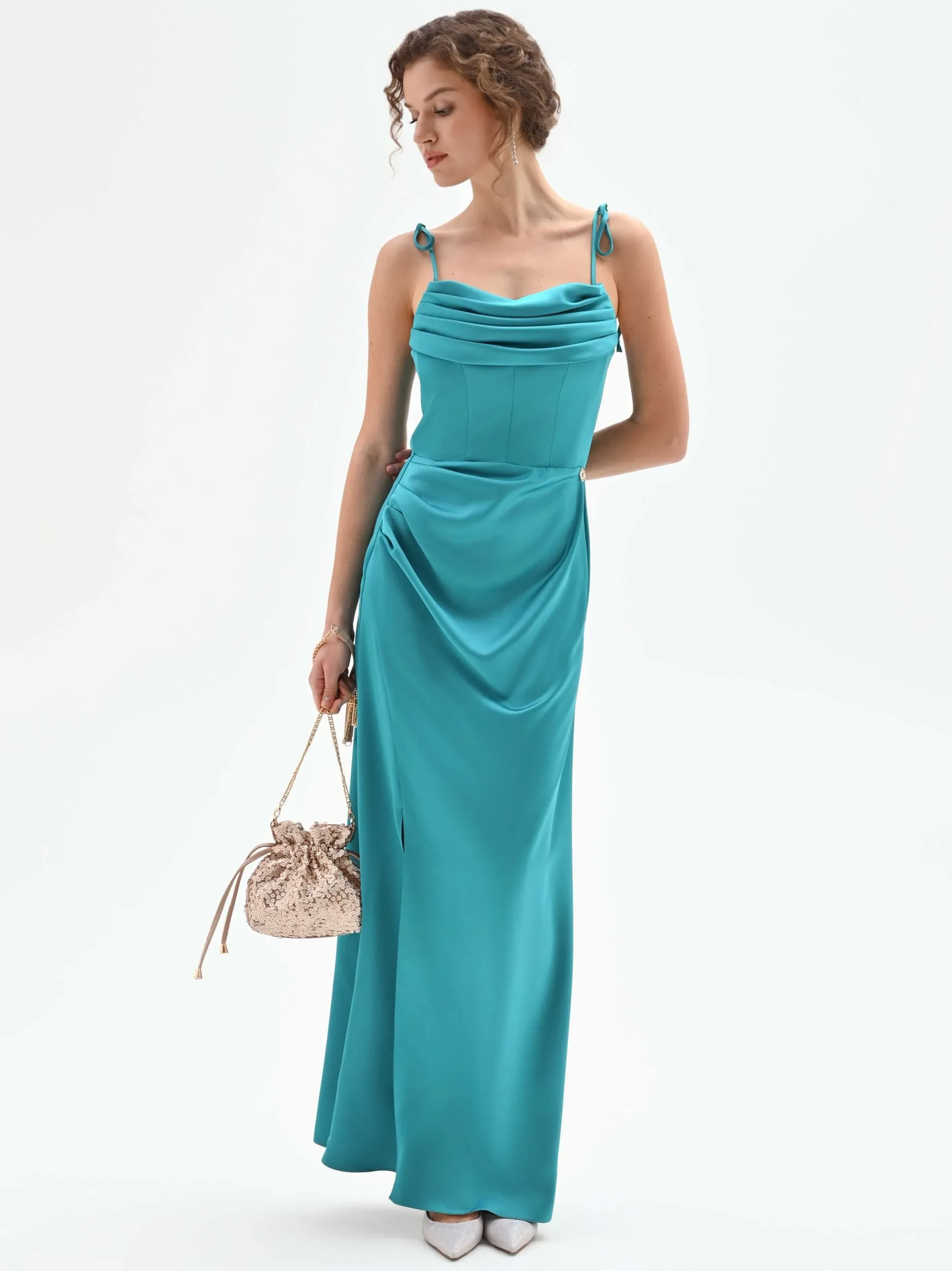 ABITO LUNGO ATELIER VERDE SMERALDO CON SCOLLO DRAPPEGGIATO