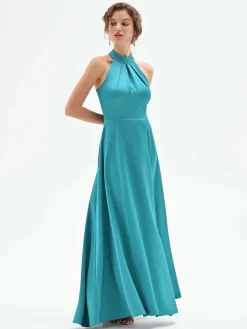 ABITO LUNGO ATELIER VERDE SMERALDO IN RASO CON SCOLLO ALL'AMERICANA