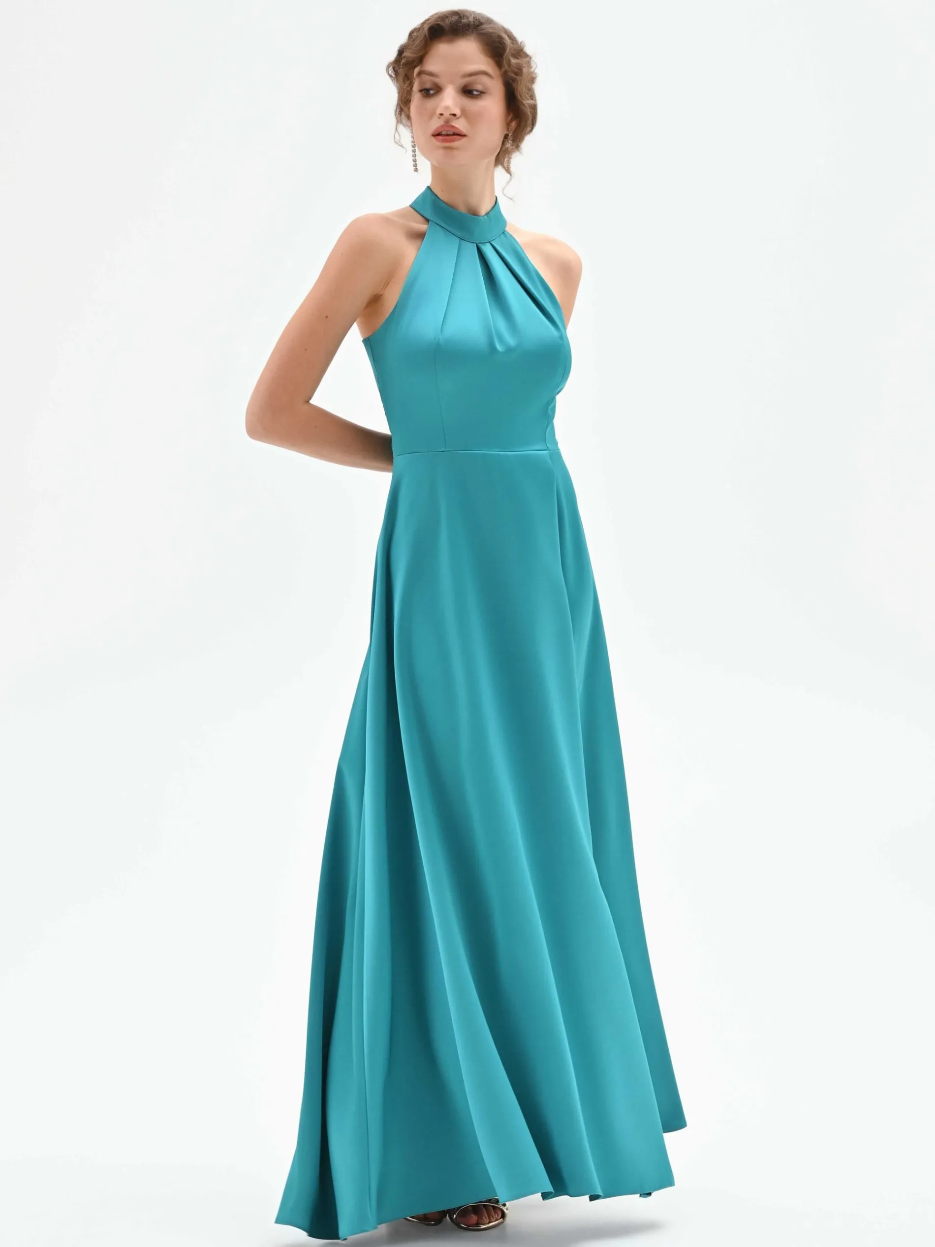 ABITO LUNGO ATELIER VERDE SMERALDO IN RASO CON SCOLLO ALL'AMERICANA