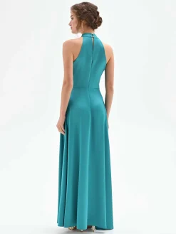ABITO LUNGO ATELIER VERDE SMERALDO IN RASO CON SCOLLO ALL'AMERICANA
