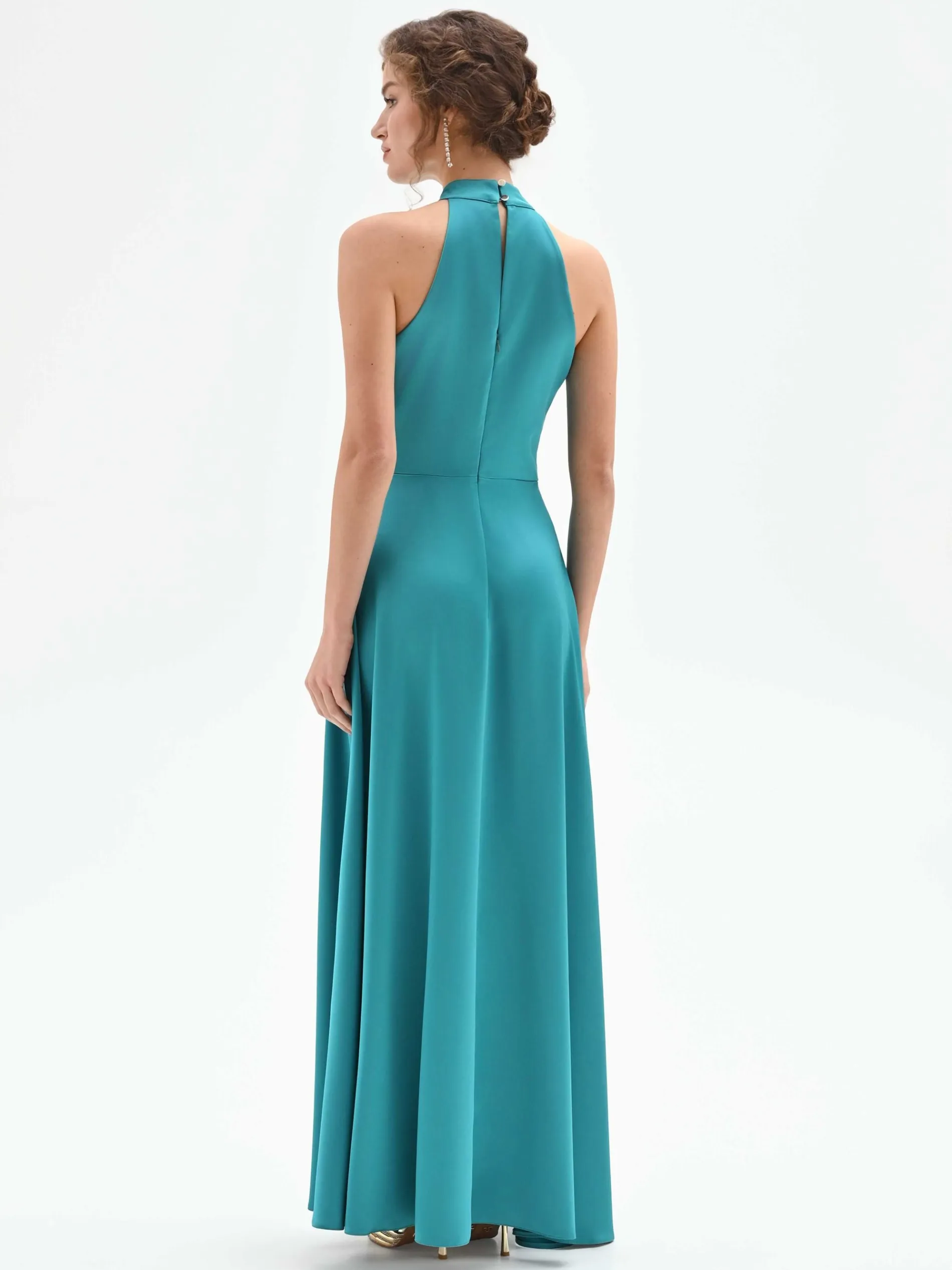 ABITO LUNGO ATELIER VERDE SMERALDO IN RASO CON SCOLLO ALL'AMERICANA