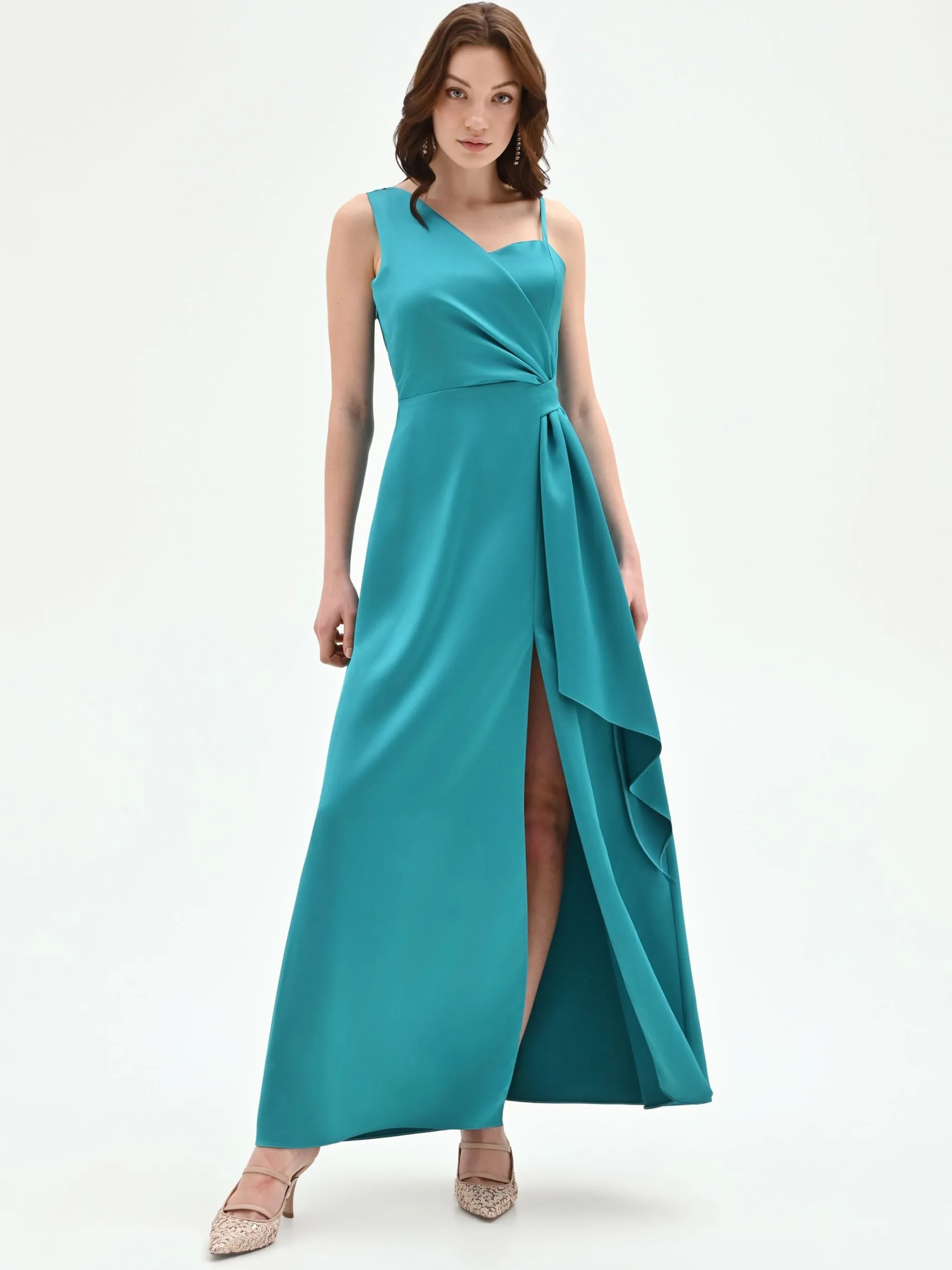 ABITO LUNGO ATELIER VERDE SMERALDO CON DRAPPEGGIO LATERALE
