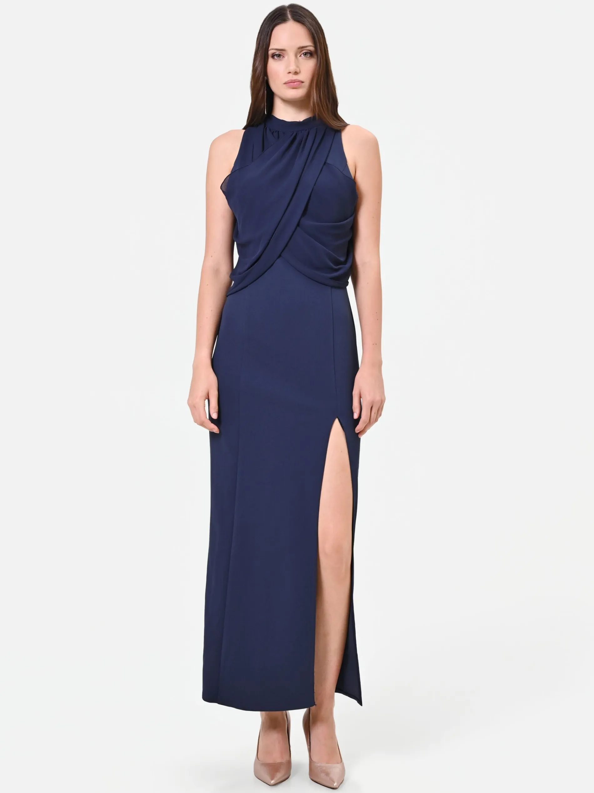 ABITO LUNGO BLU NAVY CON DRAPPEGGIO SULLO SCOLLO