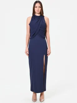 ABITO LUNGO BLU NAVY CON DRAPPEGGIO SULLO SCOLLO
