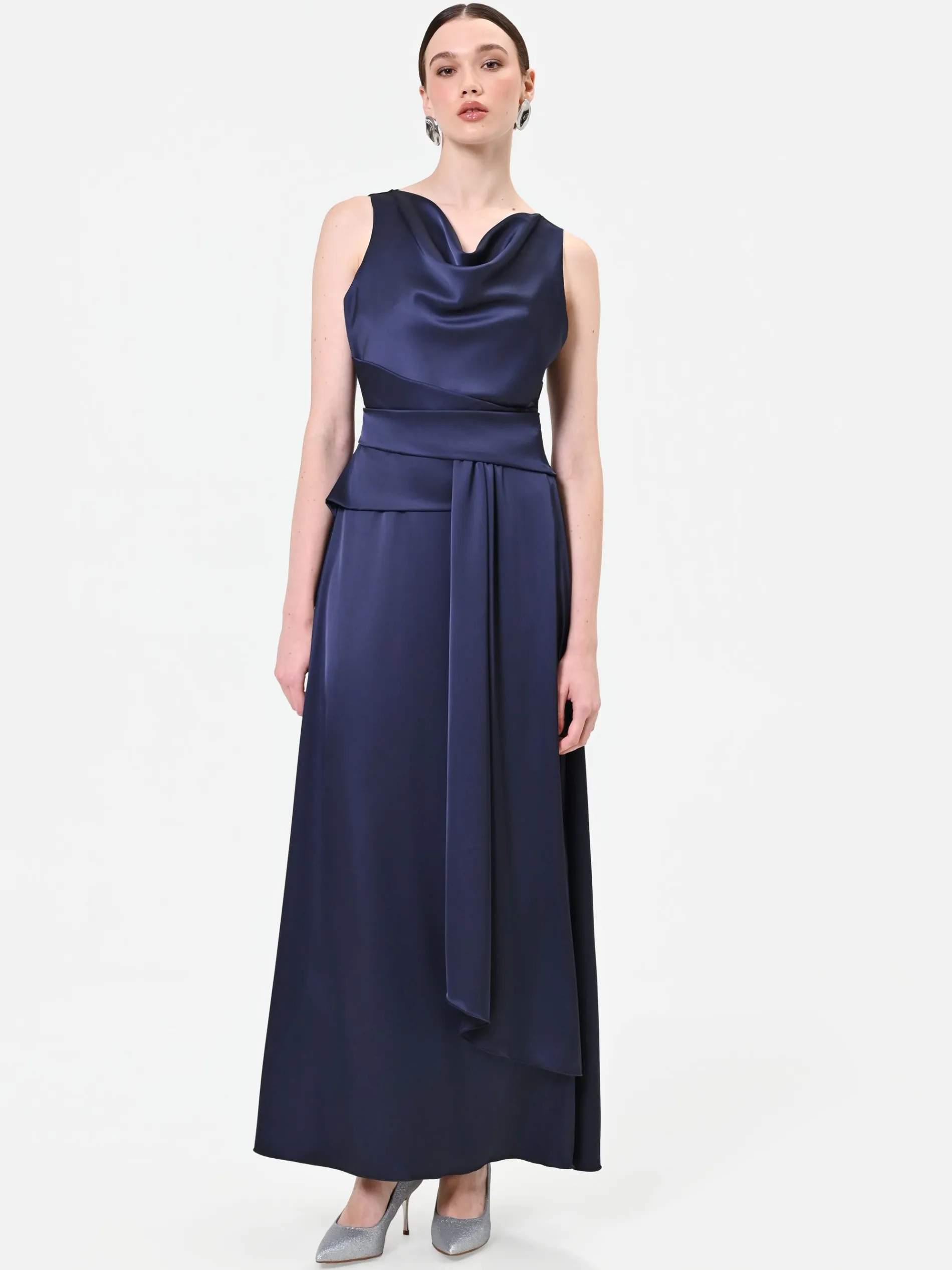 ABITO LUNGO BLU NAVY CON SCOLLO DRAPPEGGIATO