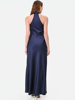 ABITO LUNGO BLU NAVY CON SCOLLO ALL'AMERICANA DRAPPEGGIATO