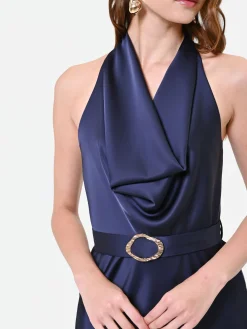 ABITO LUNGO BLU NAVY CON SCOLLO ALL'AMERICANA DRAPPEGGIATO