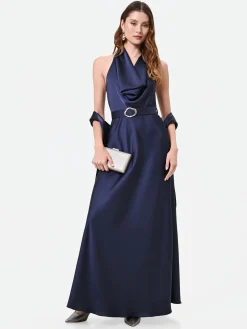 ABITO LUNGO BLU NAVY CON SCOLLO ALL'AMERICANA DRAPPEGGIATO