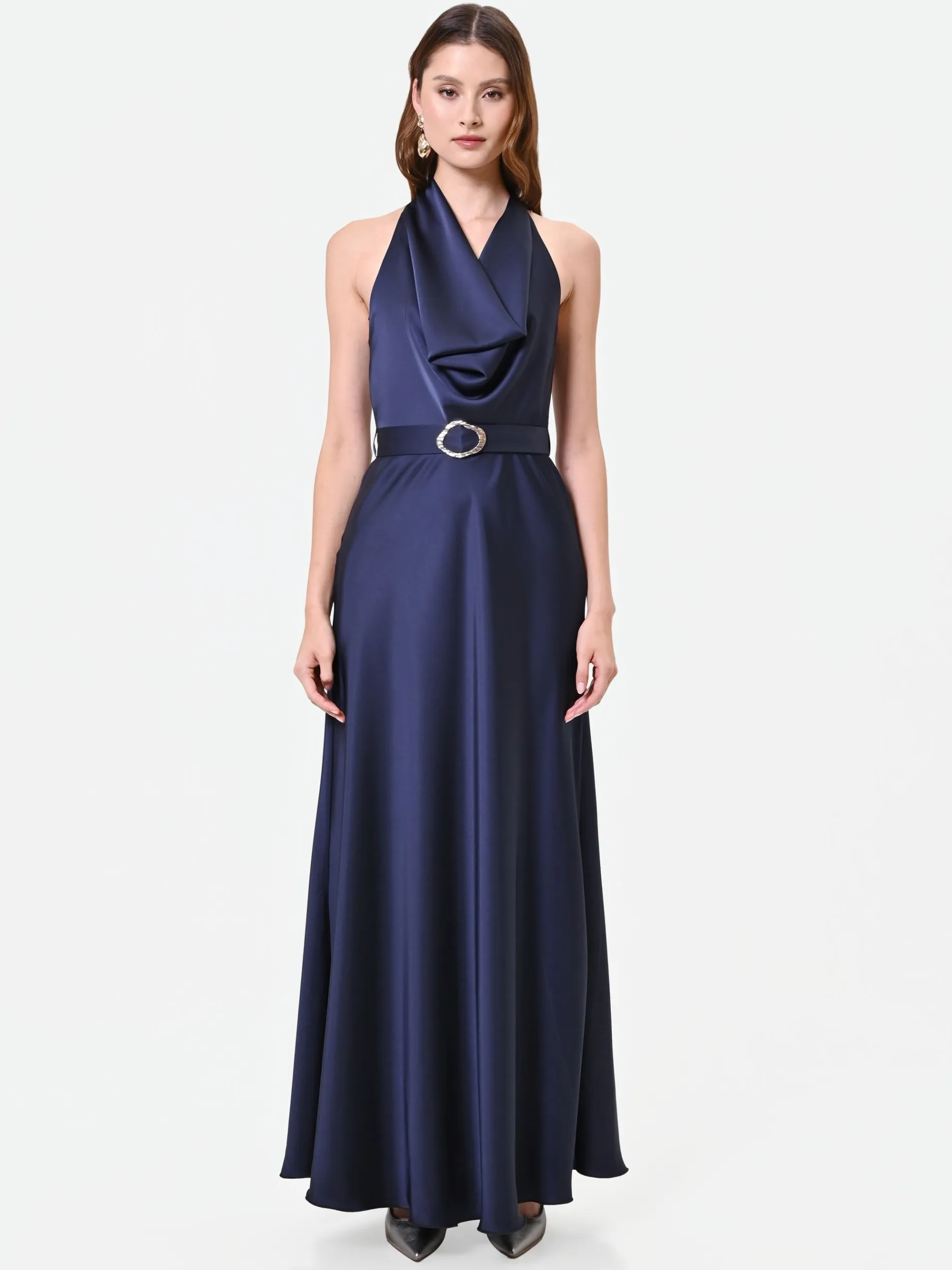 ABITO LUNGO BLU NAVY CON SCOLLO ALL'AMERICANA DRAPPEGGIATO