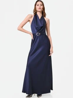 ABITO LUNGO BLU NAVY CON SCOLLO ALL'AMERICANA DRAPPEGGIATO