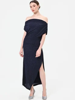 ABITO LUNGO BLU NAVY GLITTER CON SCOLLO DRAPPEGGIATO