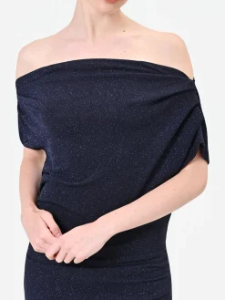ABITO LUNGO BLU NAVY GLITTER CON SCOLLO DRAPPEGGIATO