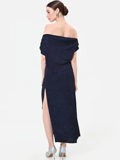 ABITO LUNGO BLU NAVY GLITTER CON SCOLLO DRAPPEGGIATO