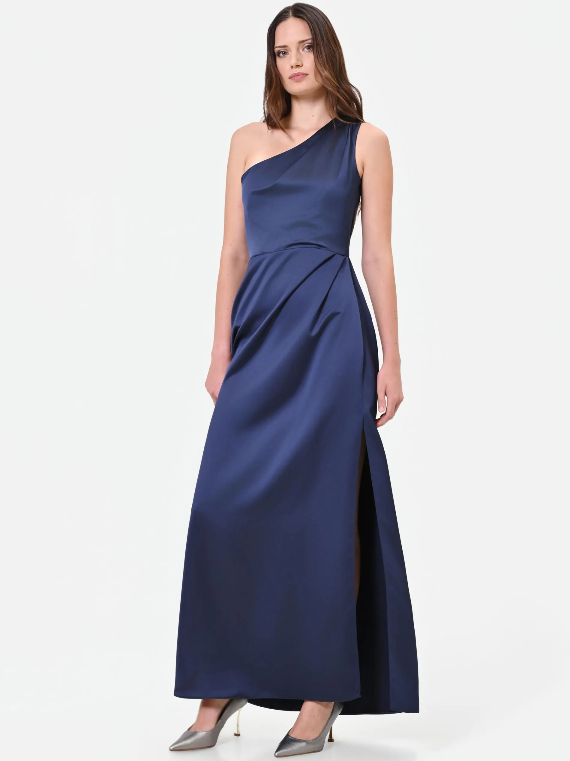 ABITO LUNGO BLU NAVY MONOSPALLA CON DRAPPEGGIO