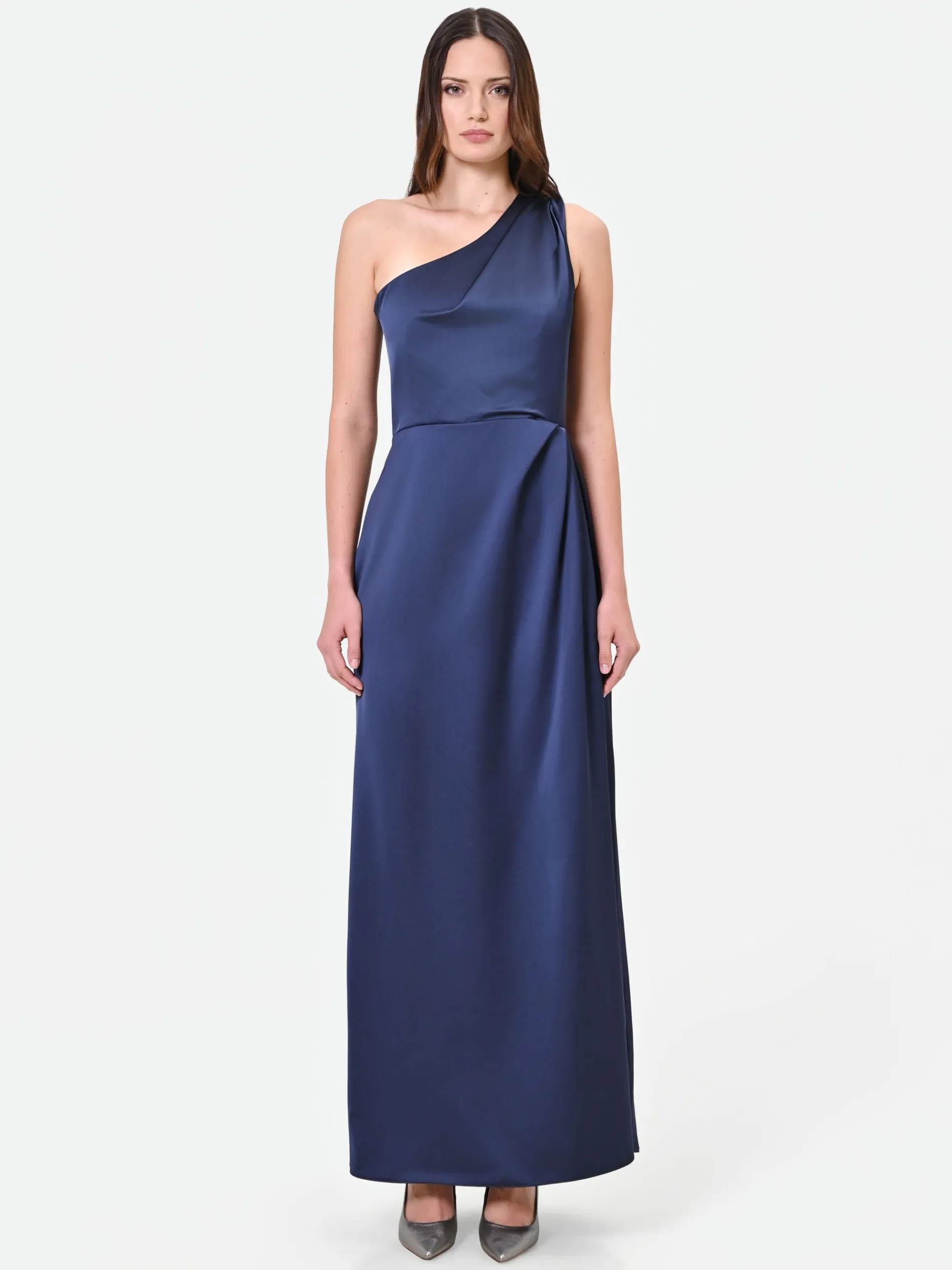 ABITO LUNGO BLU NAVY MONOSPALLA CON DRAPPEGGIO