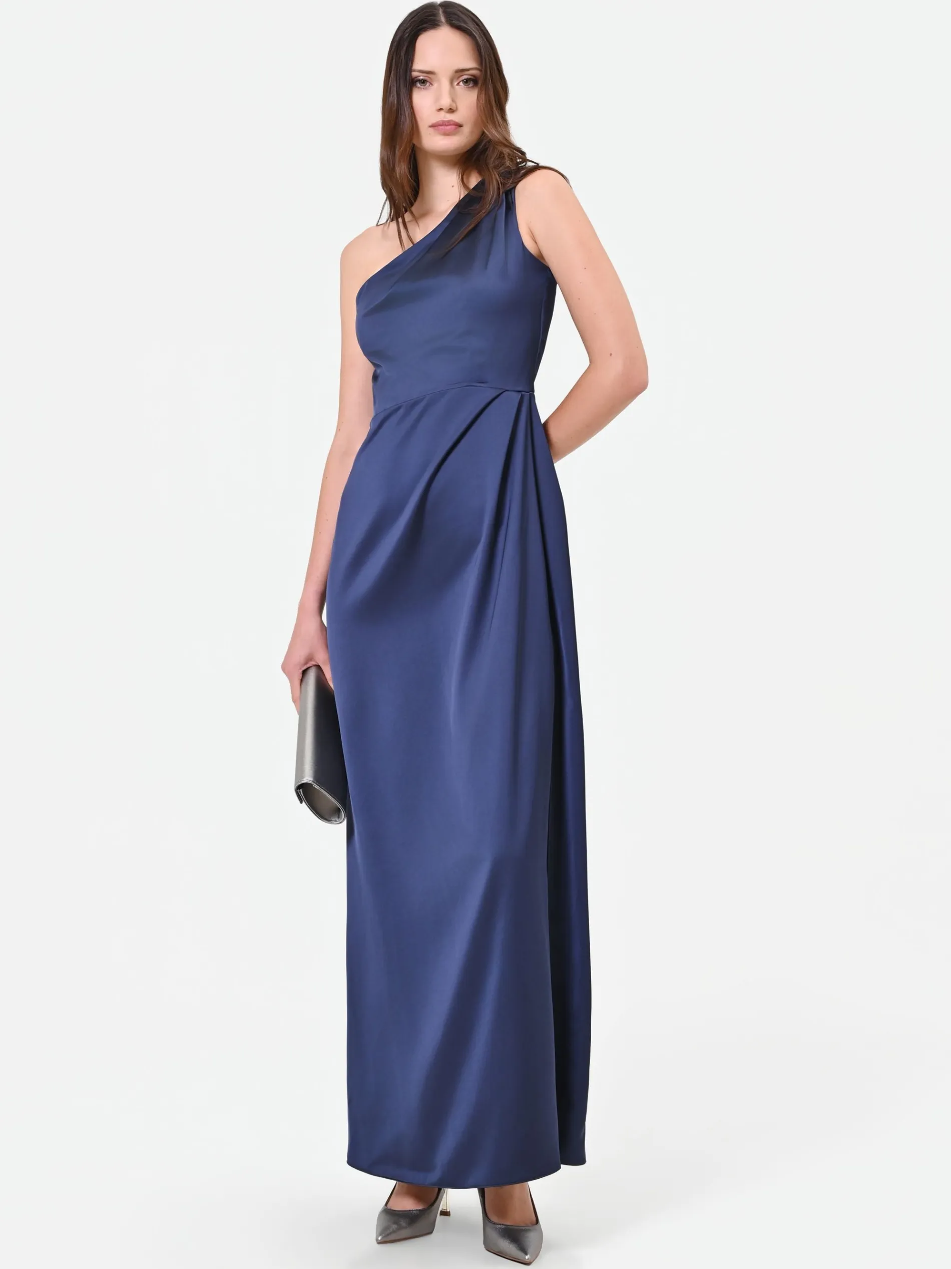 ABITO LUNGO BLU NAVY MONOSPALLA CON DRAPPEGGIO