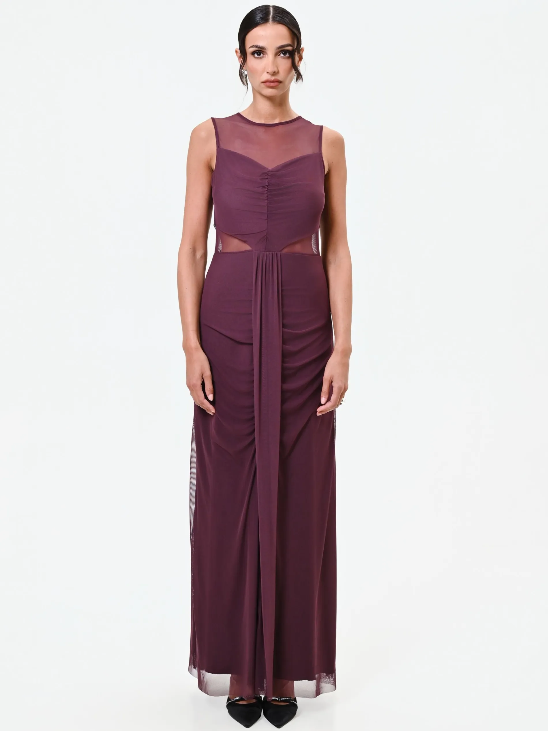 ABITO LUNGO BORDEAUX ROSSO CON CORPINO DRAPPEGGIATO E TULLE