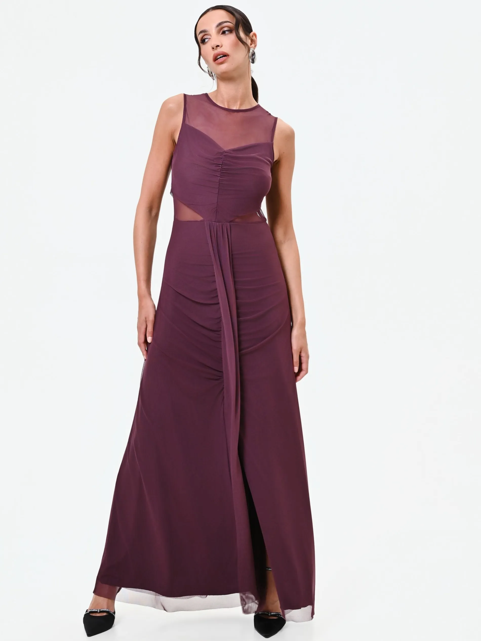 ABITO LUNGO BORDEAUX ROSSO CON CORPINO DRAPPEGGIATO E TULLE