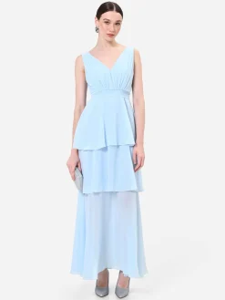 ABITO LUNGO CIELO AZZURRO CON GONNA A BALZE