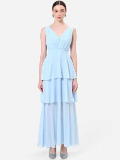 ABITO LUNGO CIELO AZZURRO CON GONNA A BALZE