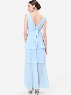 ABITO LUNGO CIELO AZZURRO CON GONNA A BALZE