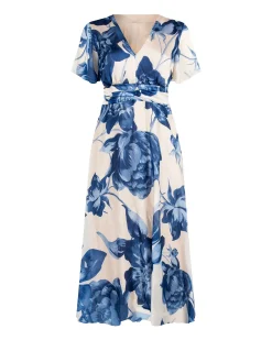 ABITO LUNGO CURVY BLU BRILLANTE CON STAMPA FLOREALE