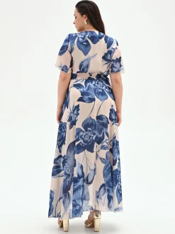 ABITO LUNGO CURVY BLU BRILLANTE CON STAMPA FLOREALE
