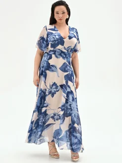 ABITO LUNGO CURVY BLU BRILLANTE CON STAMPA FLOREALE