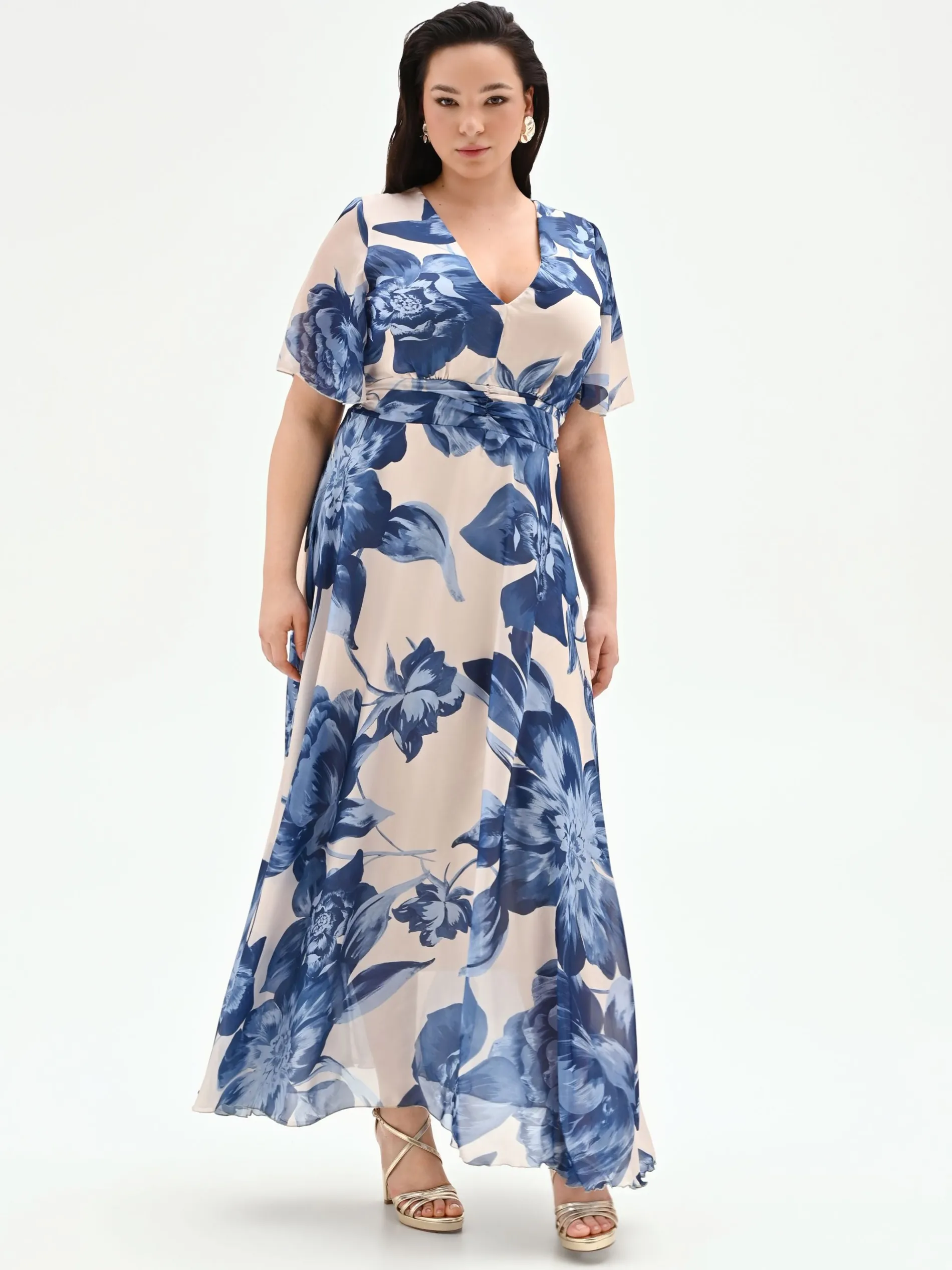ABITO LUNGO CURVY BLU BRILLANTE CON STAMPA FLOREALE